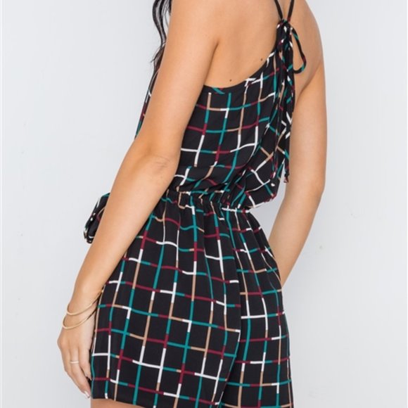 Cami Strap Geometric Print Romper- black - Picture 5 of 5